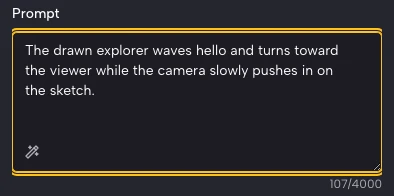 ImgVid prompt field with a motion direction asking the drawn explorer to wave while the camera slowly pushes in