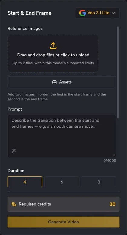 ImgVid Start & End Frame form with Veo 3.1 Lite selected, a two-image upload area, a prompt box and duration options