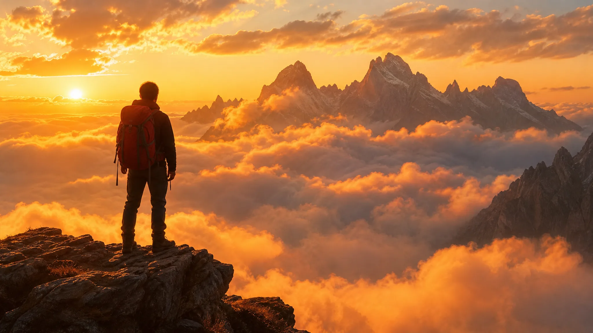 Hiker with a red backpack on a rocky cliff above a sea of clouds and mountain peaks at sunrise