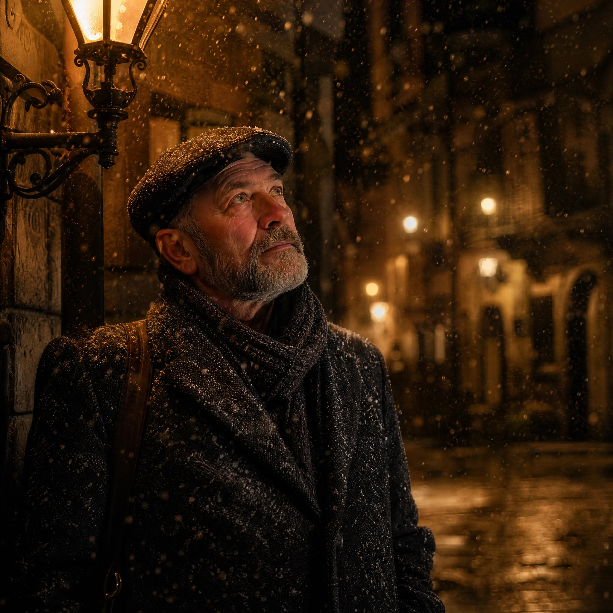 Older bearded man in a flat cap and wool coat looking up at falling snow beside a warm wall lantern at dusk