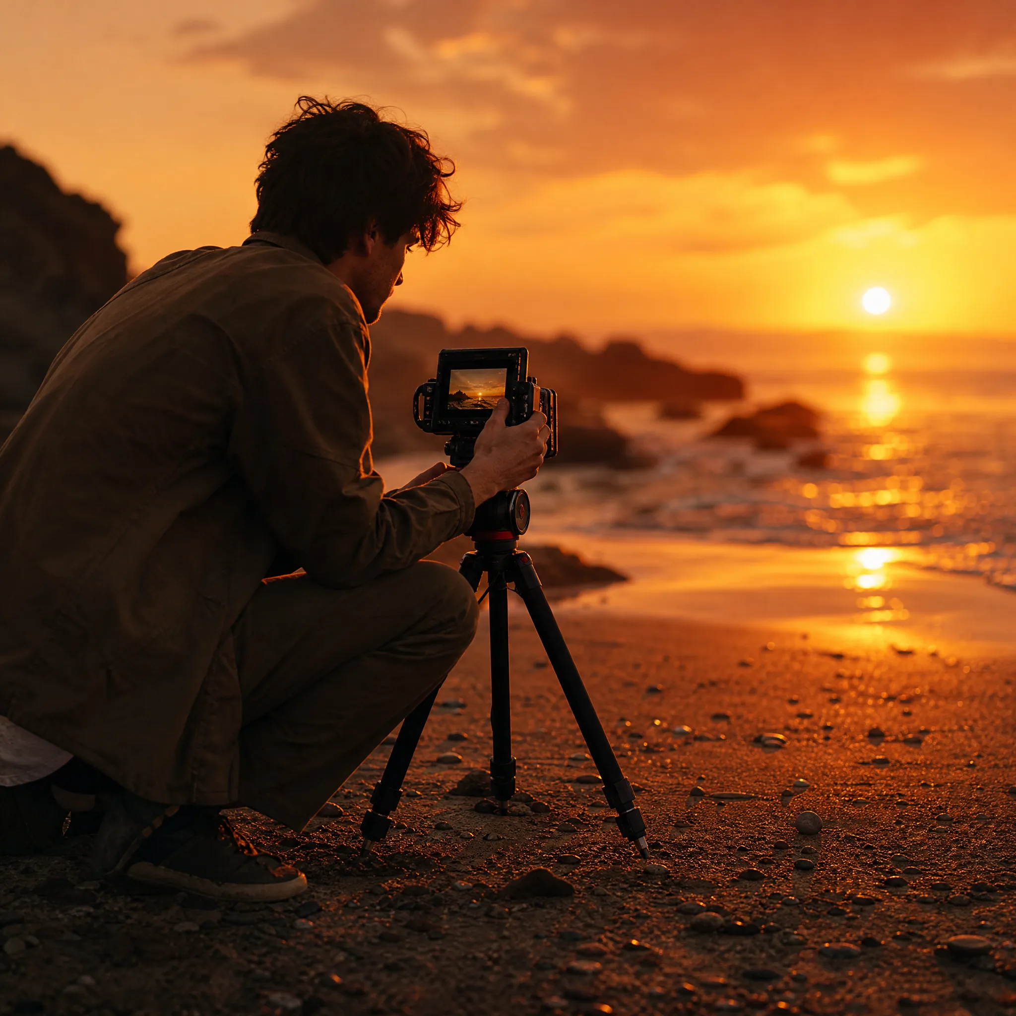Filmmaker kneeling beside a camera on a small tripod on a beach at sunset
