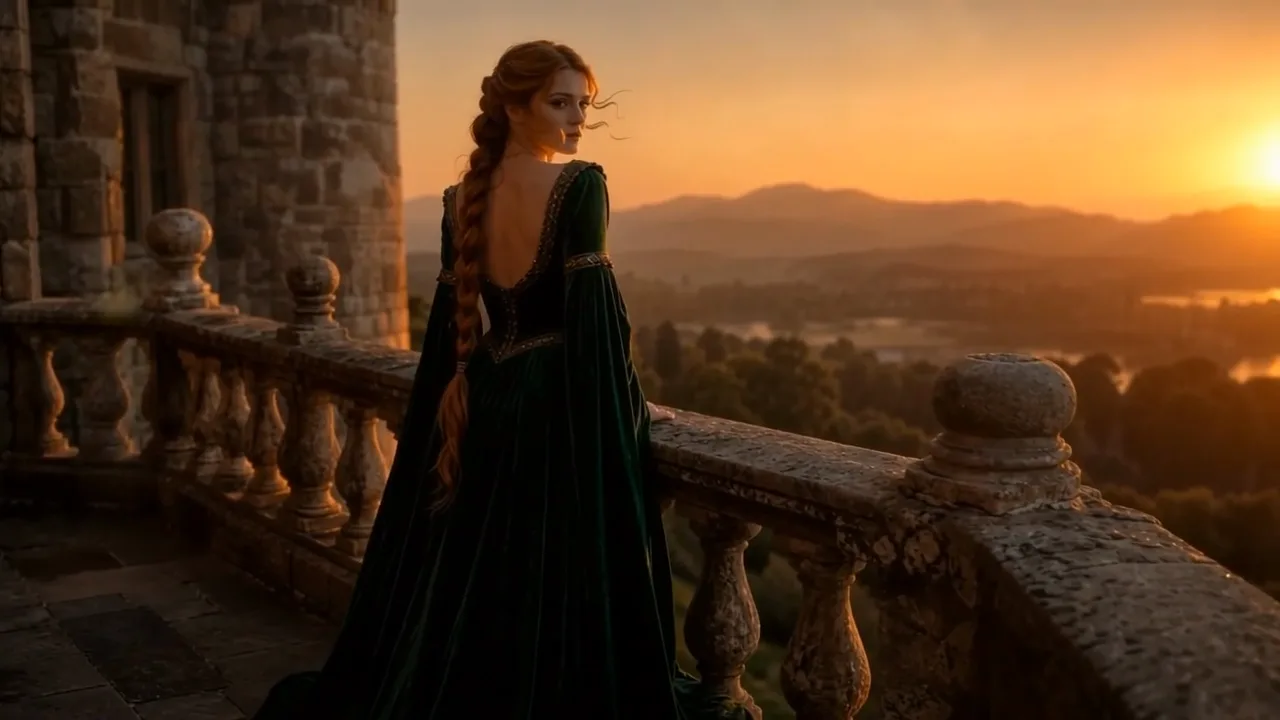 Woman in an emerald velvet gown on a castle balcony at sunset glances over her shoulder as her gown and hair ripple