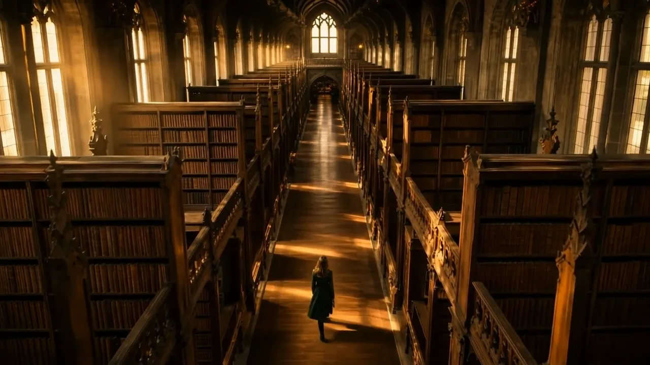 High-angle view of a woman in a green coat walking down the aisle of a grand library in dawn light