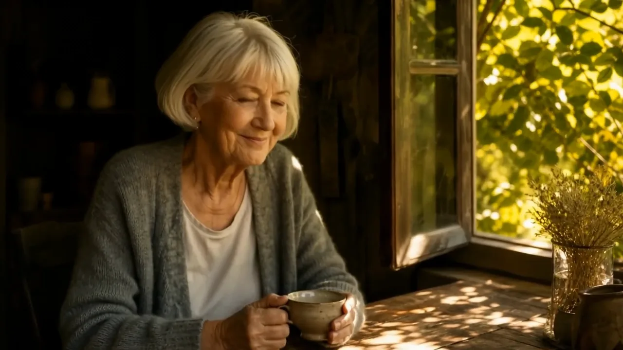 Older woman at a window table as leaves stir outside and sunlight drifts across the table before she looks up and smiles