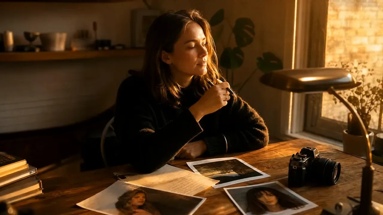 Storyteller at a sunlit desk picking up a printed photo among scene notes and reference portraits