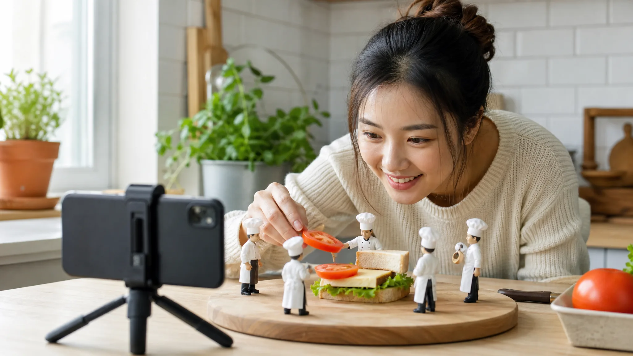 A young East Asian woman content creator in a cream knit sweater leans over a light wooden kitchen counter, smiling