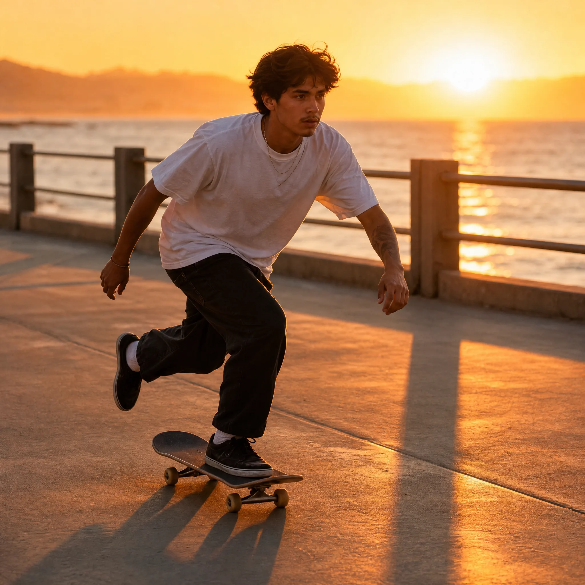 Young skateboarder in a white T-shirt riding along a seaside promenade at sunset