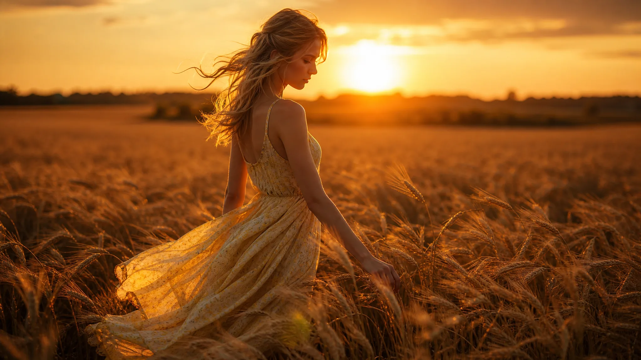 A young white European woman in a flowing pale-yellow summer dress walking slowly through a tall golden wheat field at