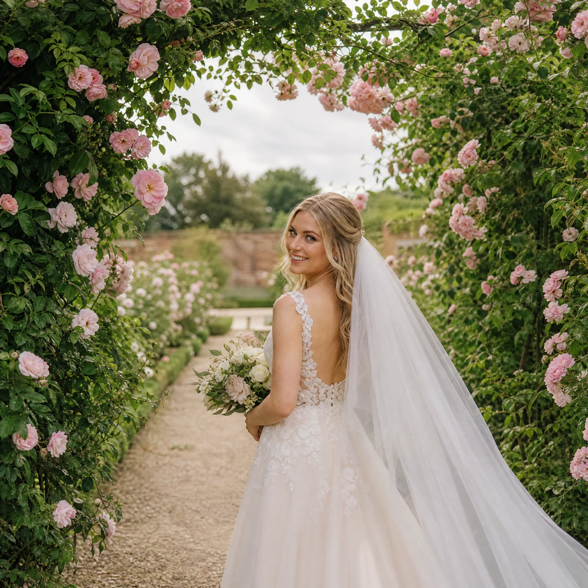 Bride in an ivory gown walking through an archway of blush roses on an overcast day, smiling back over her shoulder
