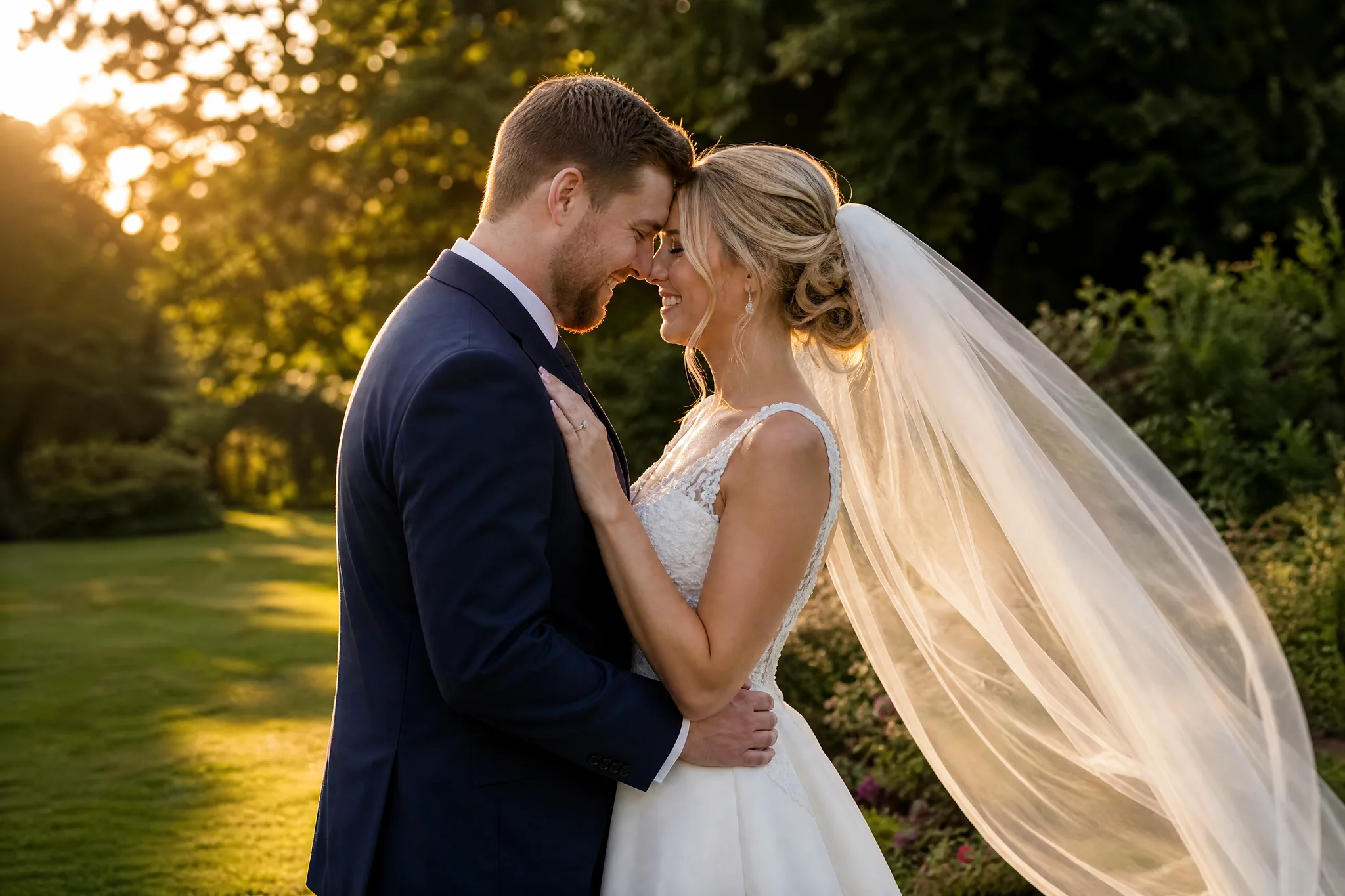Bride and groom with foreheads touching on a garden lawn at golden hour, her long sheer veil lifting in the breeze