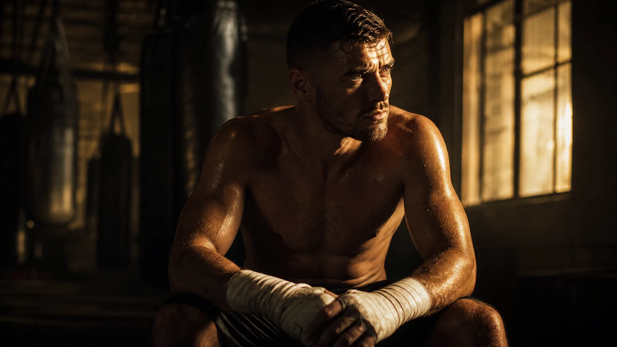 Z-Image Turbo: A Determined Portrait Mood Boxer with taped hands in a dim gym, window light across his determined face