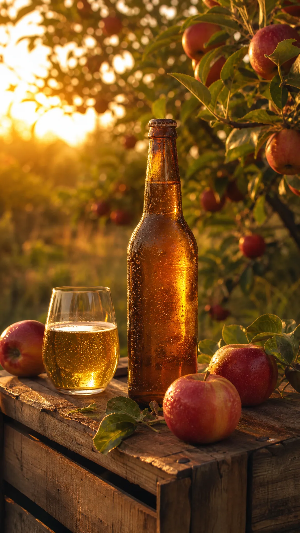 Z-Image Turbo: A Product in Its Place Unlabelled bottle of craft cider on an apple crate in a golden-hour orchard