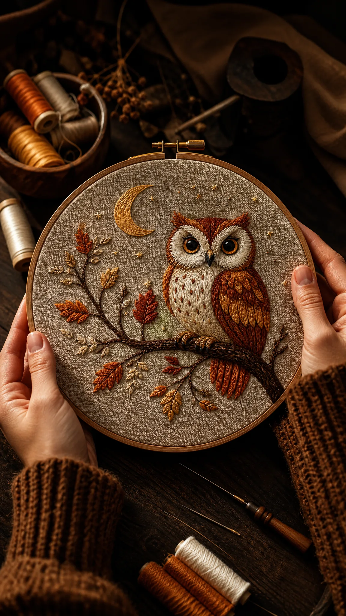 Z-Image Turbo: An Embroidered Illustration Hands holding an embroidery hoop with a stitched owl on a moonlit branch