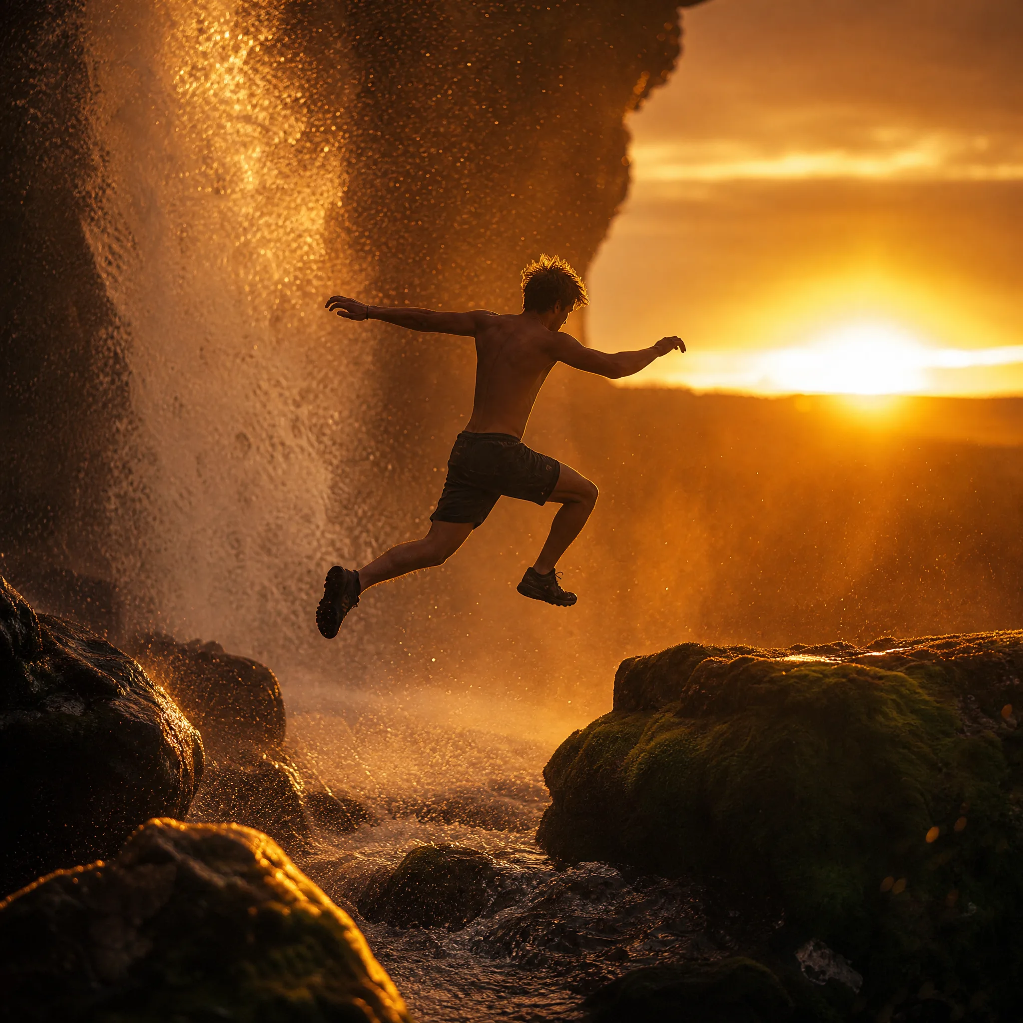 Young man leaping between boulders below a waterfall glowing at sunset