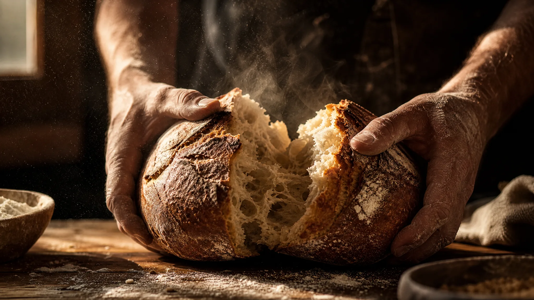 Z-Image Turbo: Light and Texture Baker's hands tearing a crusty sourdough loaf in raking light with drifting flour dust
