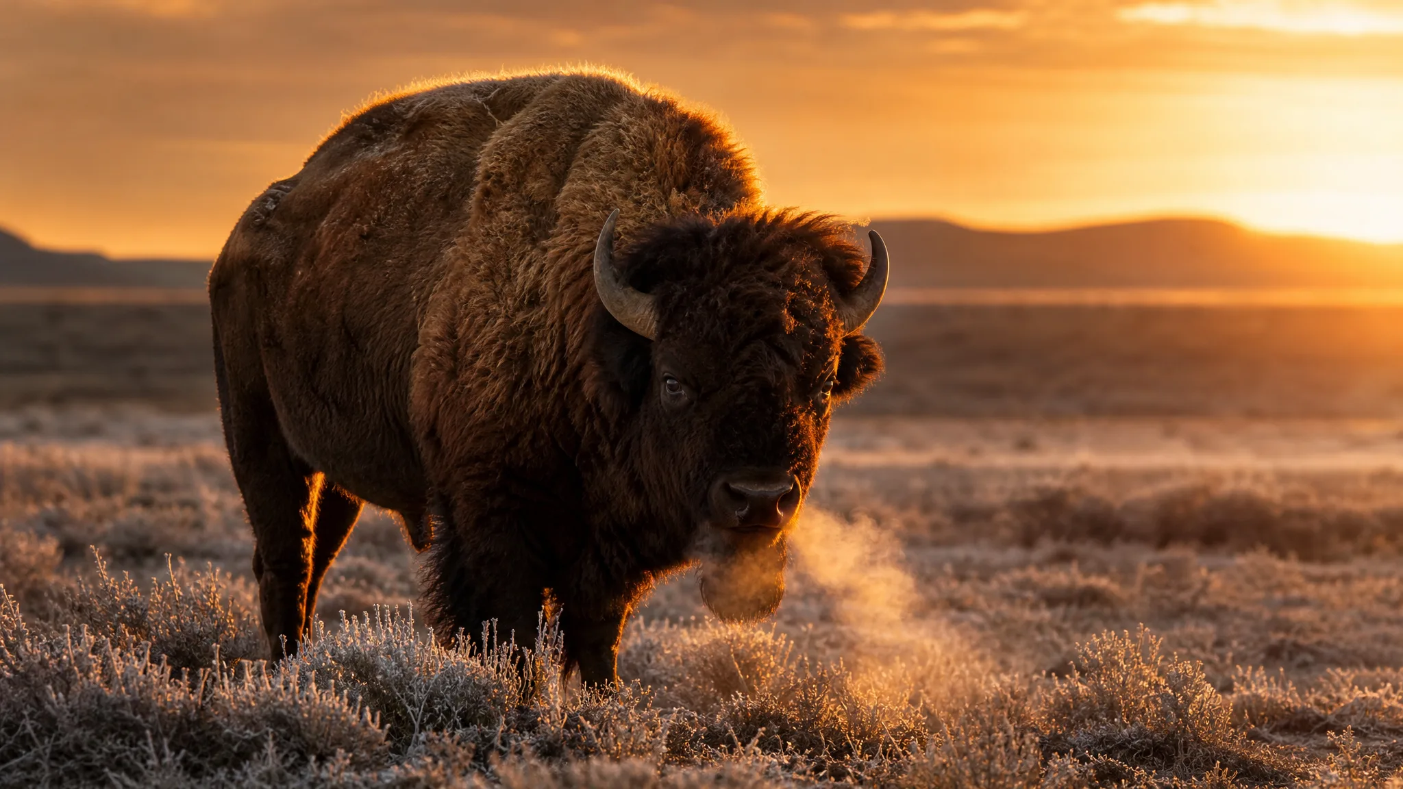 Z-Image Turbo: One Clear Subject Lone bison steaming in a frosty prairie at sunrise with golden rim light