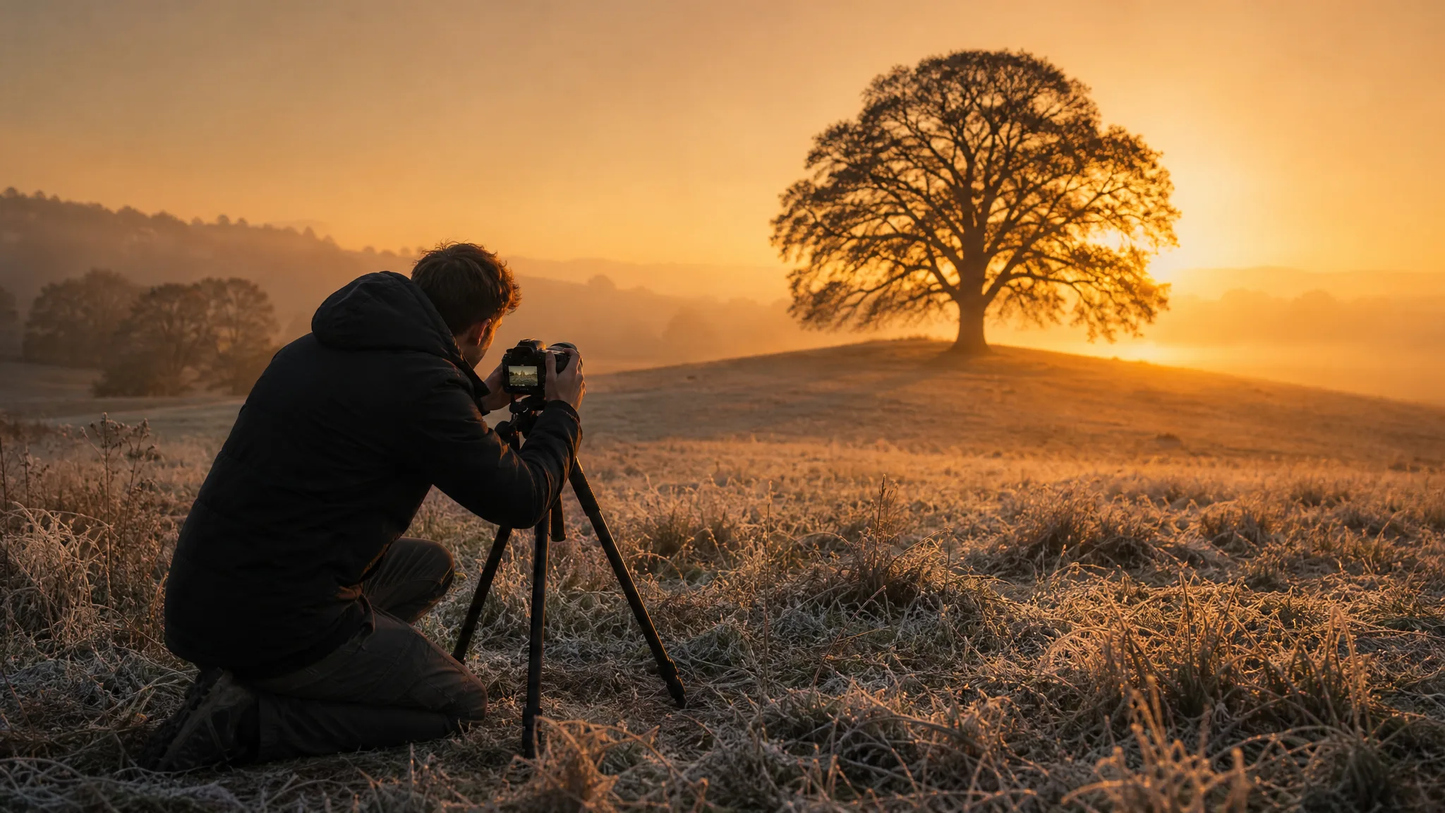 Photographer adjusting a tripod camera toward a lone oak tree in a frosty dawn field